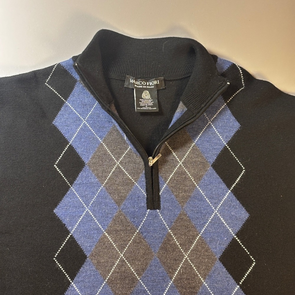 Marco Fiori Made in Italy 100% Merino Wool Quarter Zip Argyle Sweater Men's L‎